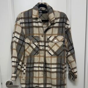 Zara Plaid Shacket in Cream, Gray & Brown Tones